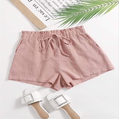 ABZEKH Shorts for Women Shorts Women's Shorts Paperbag Waist Slant Pocket Shorts Shorts (Color : Dusty Pink, Size : Large)