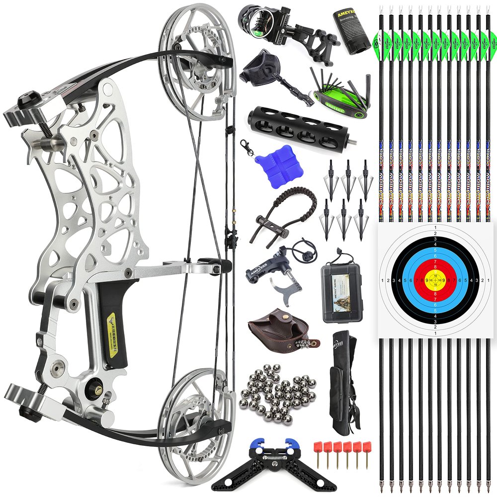 Steel Ball Compound Bow Kit Dual-Purpose Bow Archery Hunting 35-70Lbs Short-Axis Compound Bow Suitable for Beginners Adult (Silver KIT)