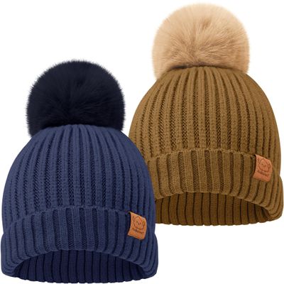 2-Pack Baby Hats for Girls, Boys - Stretchy Baby Beanies, Cute Newborn & Toddler Winter Hat, Soft & Warm Pom Pom Beanie for Infant, Toddler, Boys, Girls 6-36 Months (Blast, M)