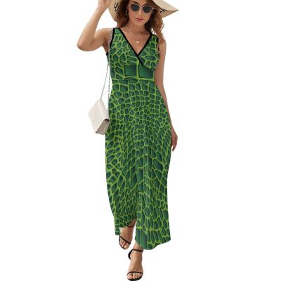 Crocodile Alligator Print Sleeveless Maxi Dresses Casual Beach Long Sundresses with Cross V Neck for Women Summer S