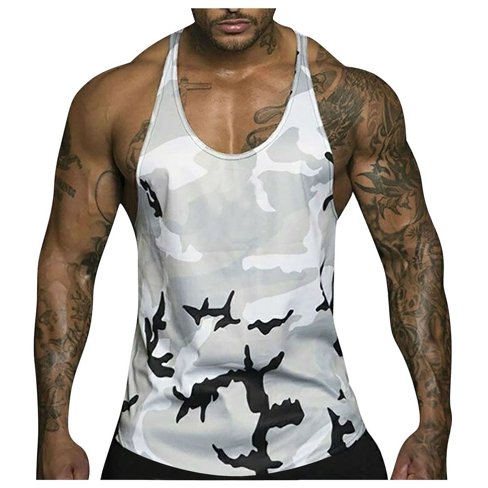 Mens Camo Tank Top Quick Dry Athletic Tee Sleeveless Fitness Muscular Tee Shirt,Mens Tank Shirts Black Tank Top Men Wife Beats Wifebeater Muscle Shirt(A-White,XX-Large)