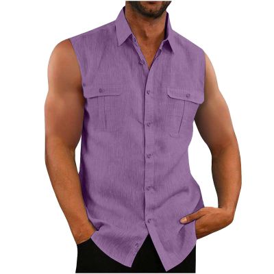 Mens Cotton Linen Tank Top Solid Sleeveless Tee Shirt Lightweight Button Up Sim Fit Tee Shirt,Mens Tank Shirts Black Tank Top Men Wife Beats Wifebeater Muscle Shirt(A-Purple,XX-Large)
