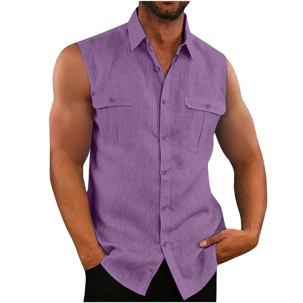 Mens Cotton Linen Tank Top Solid Sleeveless Tee Shirt Lightweight Button Up Sim Fit Tee Shirt,Mens Tank Shirts Black Tank Top Men Wife Beats Wifebeater Muscle Shirt(A-Purple,XX-Large)