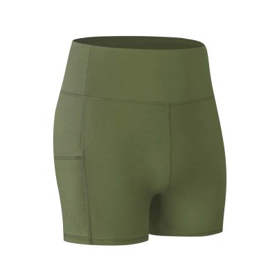 XUNRYAN Womens Sports Workout Yoga Shorts High Waist Active Gym Stretchy Compression Seamless Quick Dry Shorts with Pockets Army Green