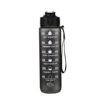 32oz Leakproof Motivational Sports Water Bottle with Straw & Time Marker, Flip Top Durable BPA Free, Non-Toxic Frosted Bottle with Carry Handle for Travel, Office, School, Gym and Workout (black)
