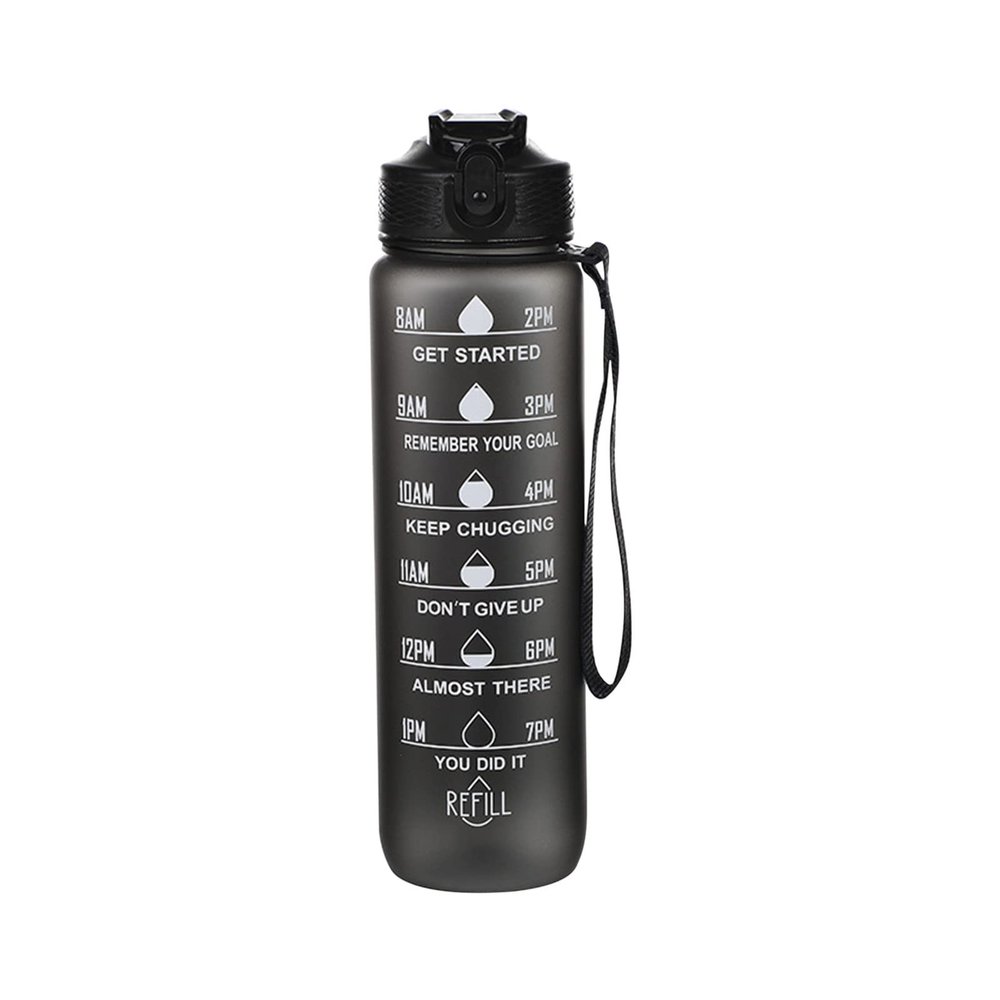 32oz Leakproof Motivational Sports Water Bottle with Straw & Time Marker, Flip Top Durable BPA Free, Non-Toxic Frosted Bottle with Carry Handle for Travel, Office, School, Gym and Workout (black)
