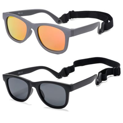 COASION 2 Pack Bendable Flexible Polarized Newborn Baby Sunglasses with Strap for Infant Boys Girls Age 0-12 Months (Matte Black/Gray+Brown/Orange Mirror)