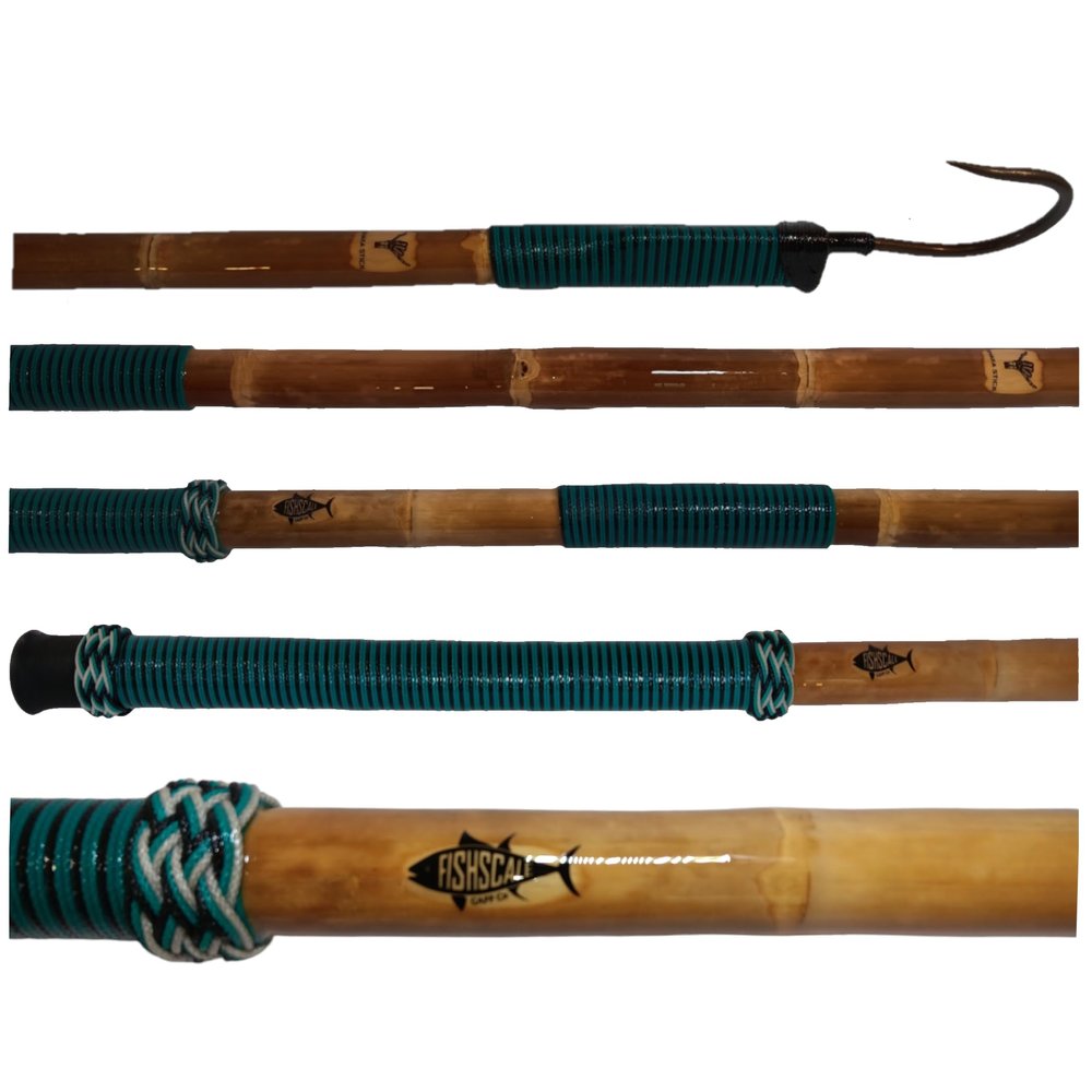 FISHSCALE GAFF Co. Calcutta Bamboo Fish Gaff w/Turkshead Sailor Knots in 3',4',5',6' (Shaka Stick Teal/White/Black with Smoked Steel Hook, 3ft (91cm))