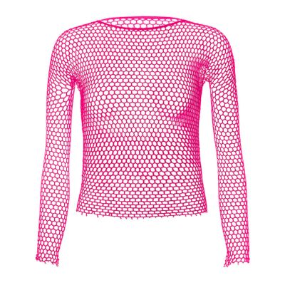 Agoky Men's See Through Mesh Shirt Fishnet Long Sleeve Muscle Y2K Top Undershirt Nightclub Outfits Hot Pink One Size