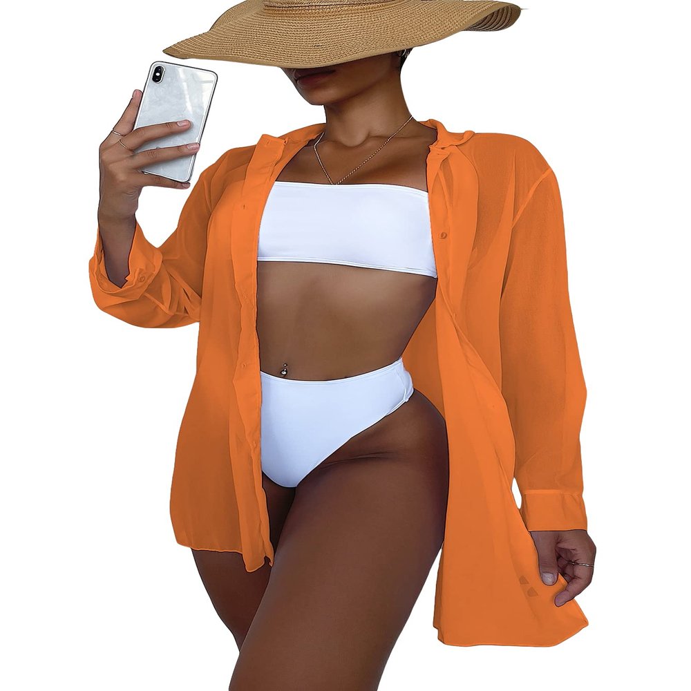 SHENHE Women's Sheer Button Up Long Sleeve Beach Kimono Cover Up Shirt Sun Dresses Orange XS