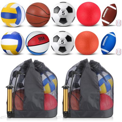 Deekin 12 Pcs Assorted Sport Ball Set for Youth Adult Official Size Basketball Football Volleyball Soccer Baseball Playground Ball with Bag and Pump Gifts Back to School(Classic,Adult Youth)