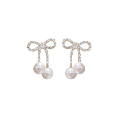 Rhinestones Bow Drop Dangle Earrings Silver Crystal Bowknot Tassels Statement Earrings Shiny Wedding Bar Party Earrings For Women