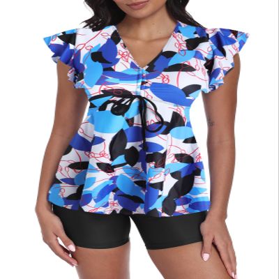 ECUPPER Women Short Sleeve Tankini Swim Dress Ruffled Flowy Skirt Swimsuits Tummy Control Two Piece Bathing Suits with Shorts Blue Small
