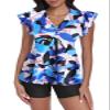 ECUPPER Women Short Sleeve Tankini Swim Dress Ruffled Flowy Skirt Swimsuits Tummy Control Two Piece Bathing Suits with Shorts Blue Small view 1