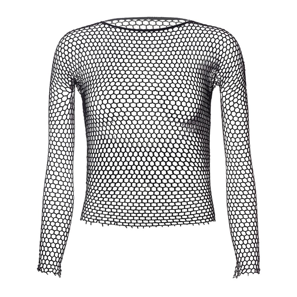 LiiYii Men's Mesh Fishnet Undershirts See Through Long Sleeves Shirts Clubwear Raves Dance Outfits Black One Size