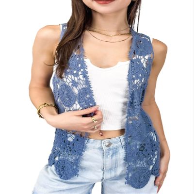 Anna-Kaci Lace Front Open Sleeveless Top Cardigan Crochet Vest Cover up Summer Beachwear,Blue, X-Large