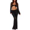 Women 2 Piece Outfit Skirt Set Long Sleeve Crochet Low Cut Crop Top Sexy Backless Ankle Length Skirt Set for Beach (Black, L) view 2