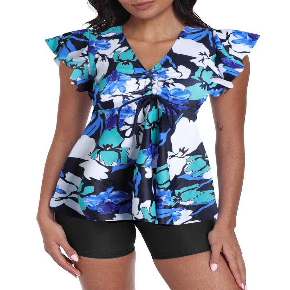 ECUPPER Women Short Sleeve Tankini Swim Dress Ruffled Flowy Skirt Swimsuits Tummy Control Two Piece Bathing Suits with Shorts Green X-Large