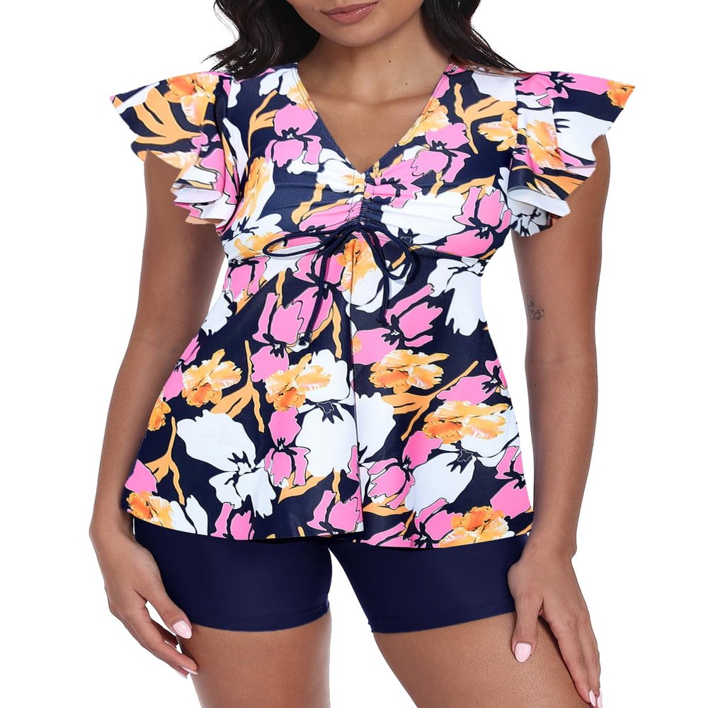 ECUPPER Women Short Sleeve Tankini Swim Dress Ruffled Flowy Skirt Swimsuits Tummy Control Two Piece Bathing Suits with Shorts Orange Small