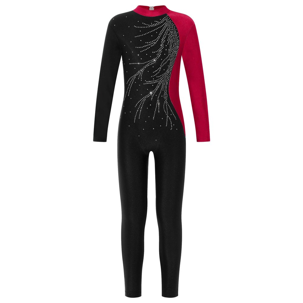 Linjinx Kids Girls One Piece Shiny Long Sleeve Gymnastics Leotard Unitard Jumpsuit Full Body Skating Romper Bodysuit Burgundy A 16 Years
