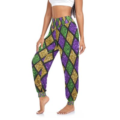 Aflyko Mardi Gras Women Dance Pants Fleur De Lis Glitter Zigzag Boho Trousers Yoga Sweatpants Moisture-Wicking Casual Sportwear Relaxed Fit Fat Tuesday Harem Pants L