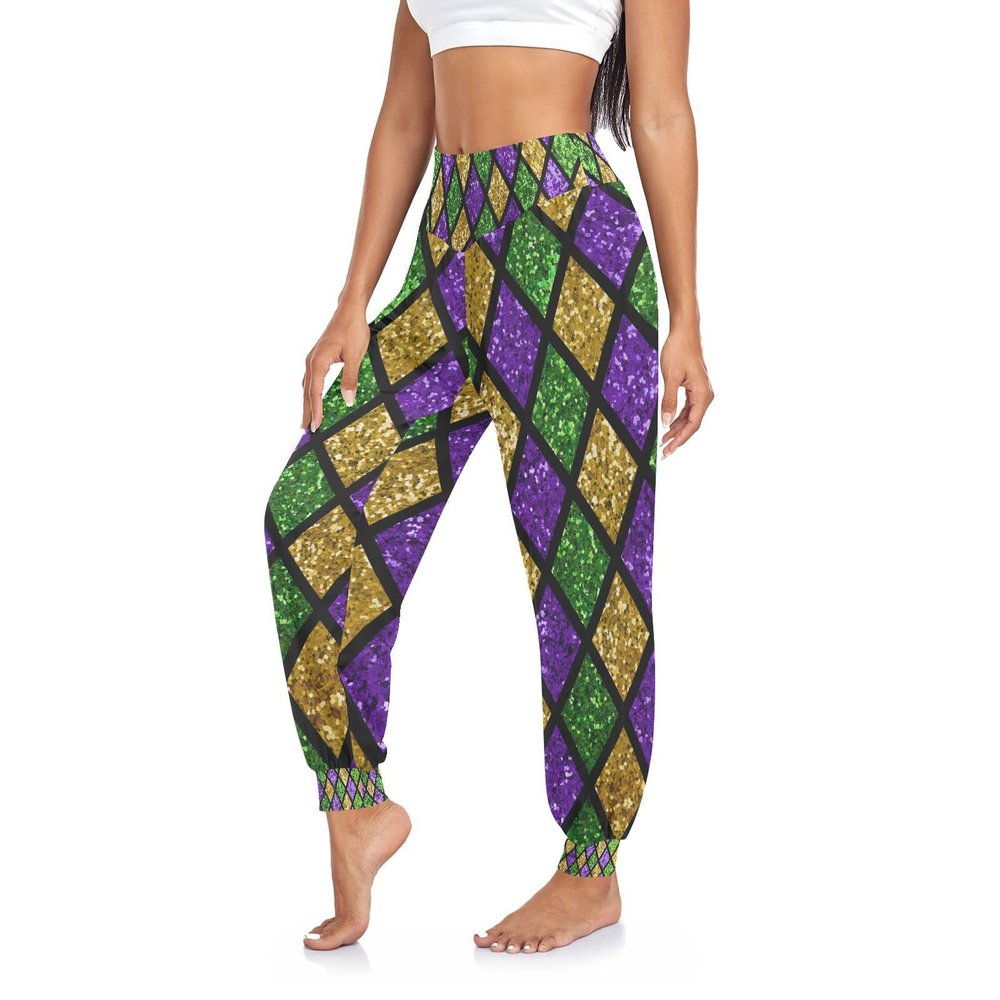 Aflyko Mardi Gras Women Dance Pants Fleur De Lis Glitter Zigzag Boho Trousers Yoga Sweatpants Moisture-Wicking Casual Sportwear Relaxed Fit Fat Tuesday Harem Pants L