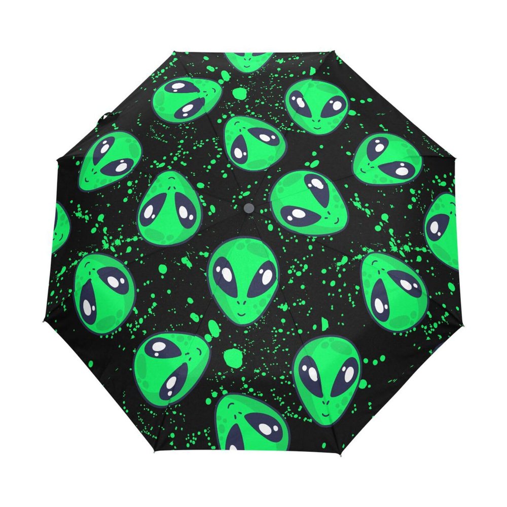 Sletend Compact Travel Umbrella Green Alien Windproof Folding Automatic Umbrella,One Touch Auto Open and Close Button Portable Light Umbrella for Women Men Kid