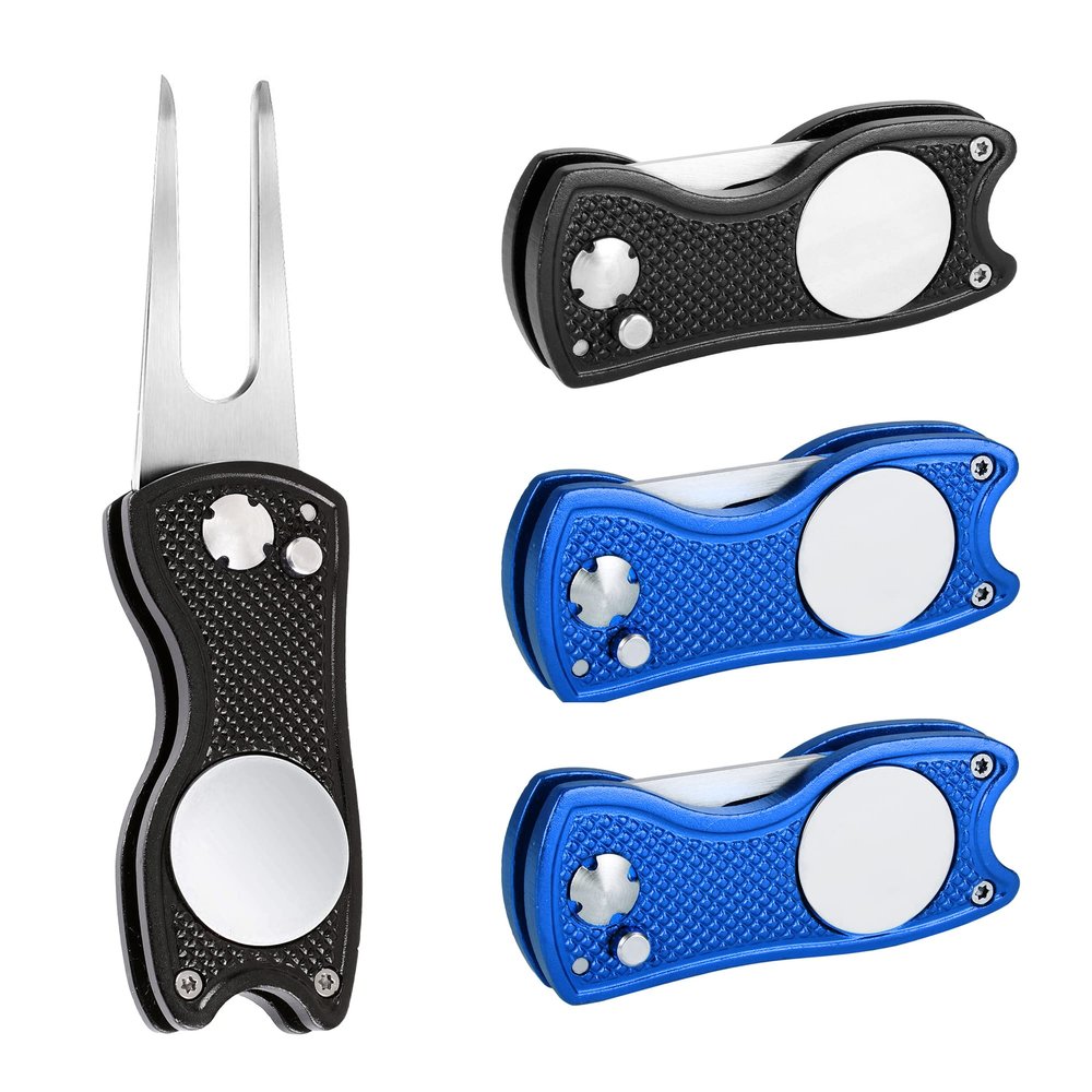 Mile High Life 4 Pieces Golf Divot Repair Tool w Magnetic Golf Ball Marker | All Metal Foldable Divot Tool w Pop-up Button | Golf Club Holder | Golf Accessories for Men (2 Black,2 Blue)