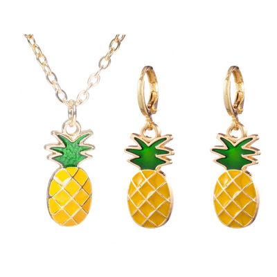 Pingyongchang Pineapple Earrings Necklace for Women Yellow Ruit Green Leaf Pineapple Earings Pendant Necklace Cute Fashion Dangle Necklace Jewellery Set-D