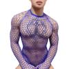 Agoky Men's See Through Mesh Shirt Fishnet Long Sleeve Muscle Y2K Top Undershirt Nightclub Outfits Blue One Size view 2