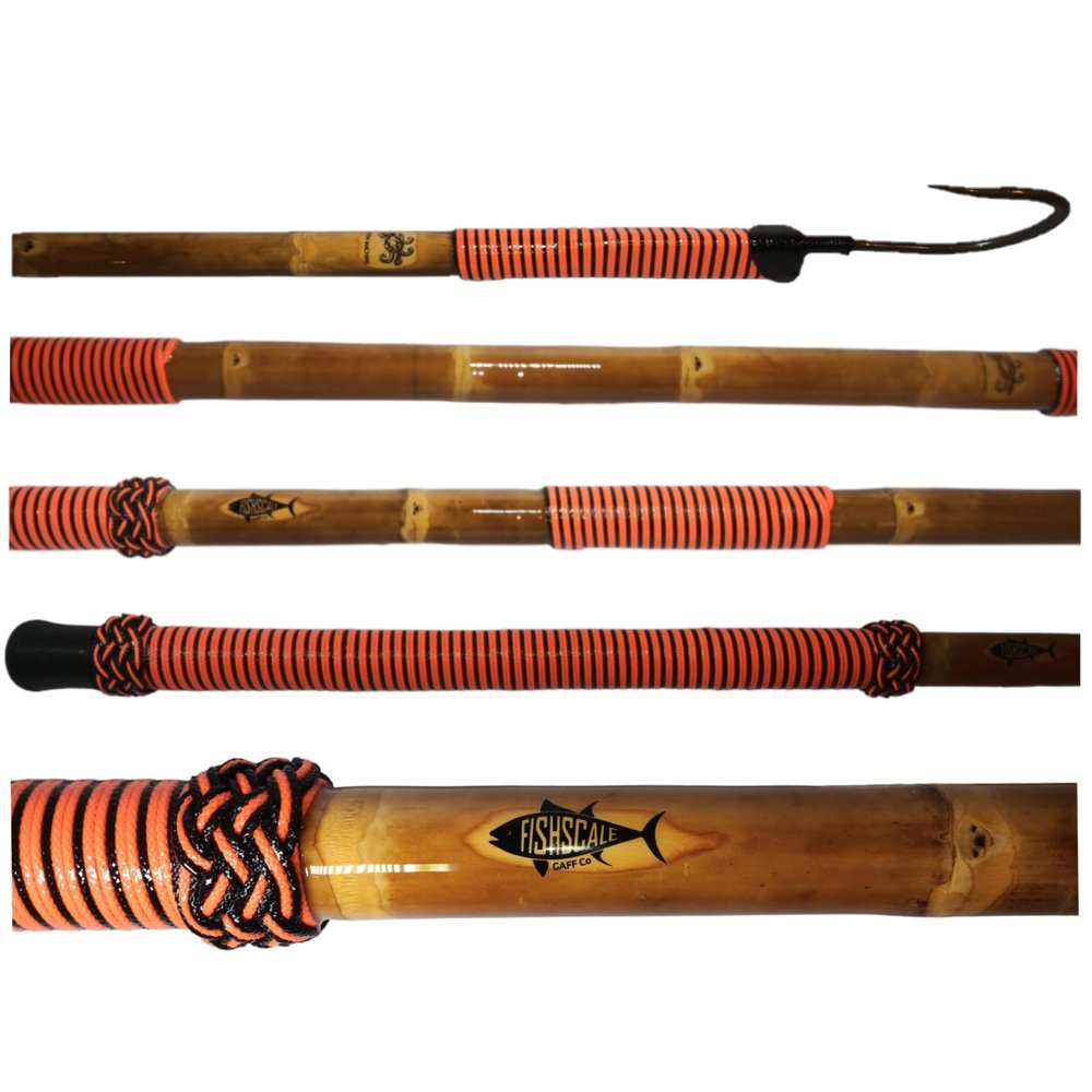FISHSCALE GAFF Co. Deckhand-Style Calcutta Bamboo Fish Gaff w/Turkshead Sailor Knots in 3',4',5',6' (Fish Machine Orange/Black with Smoked Steel Hook, 4ft (122cm))