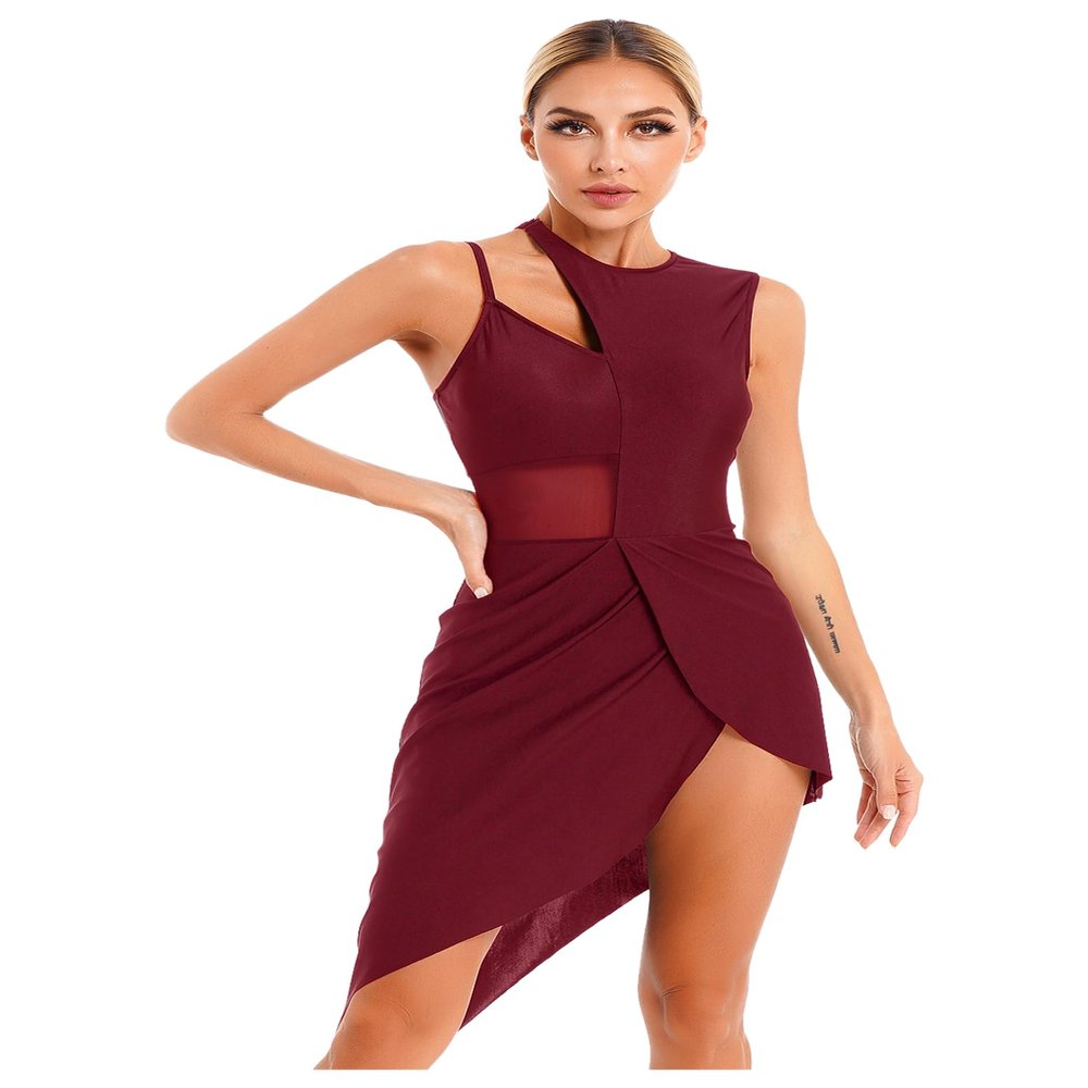 Hedmy Womens Adult Modern Contemporary Dancewear Lyrical Ballet Latin Dress Figure Ice Skating Dance Costume Burgundy Small