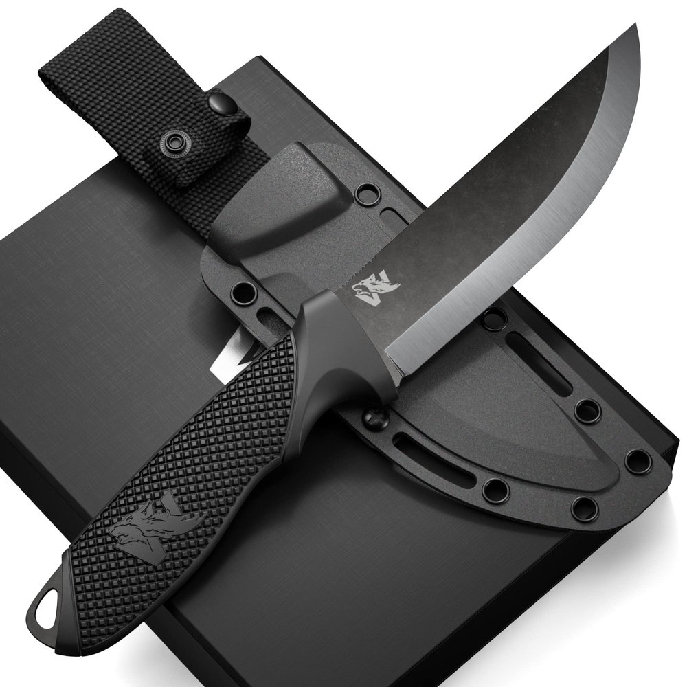 ODENWOLF W-SCANDI Full Tang Survival Knife with Sheath - Stylish Tactical Fixed Blade - Made of D2 Steel - Bushcraft and Camping Knife Survival - Perfect EDC Hunting Knife with TPE Handle
