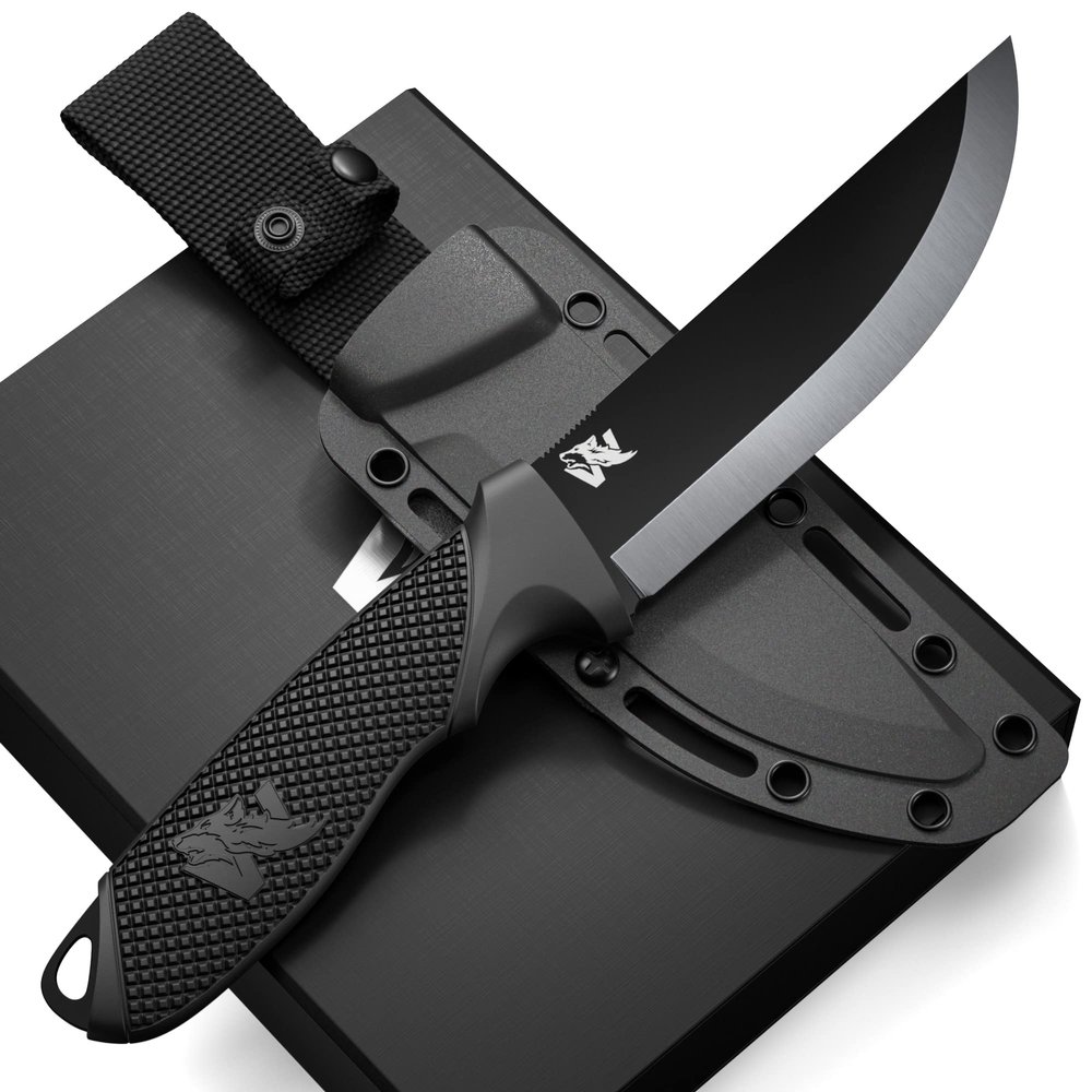 ODENWOLF W-SCANDI Full Tang Survival Knife with Sheath - Stylish Tactical Fixed Blade - Made of D2 Steel - Bushcraft and Camping Knife Survival - Perfect EDC Hunting Knife with TPE Handle