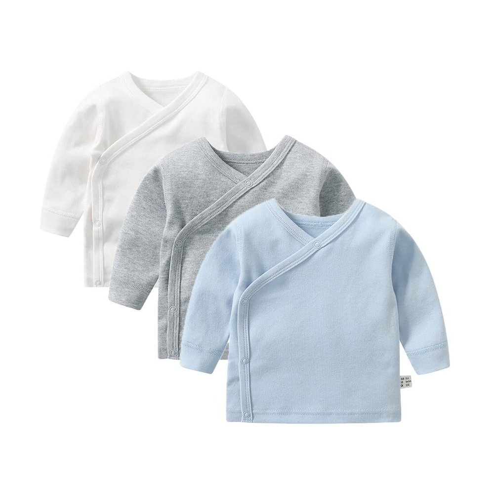 RUKOSU Baby 3-Pack Long Sleeve Side-snap Cotton Shirt Unisex Newborn Girls Boys Kimono Tee Shirts Top White Grey Blue 9 Months