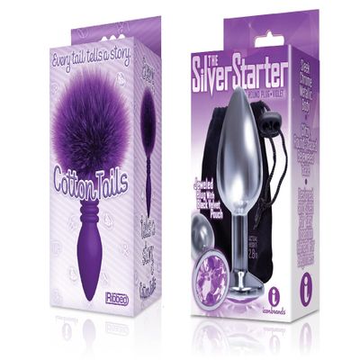 Sexy Gift Set Bundle of Cottontails, Silicone Bunny Tail Butt Plug, Ribbed Purple and Icon Brands The Silver Starter, Bejeweled Stainless Steel Plug, Violet
