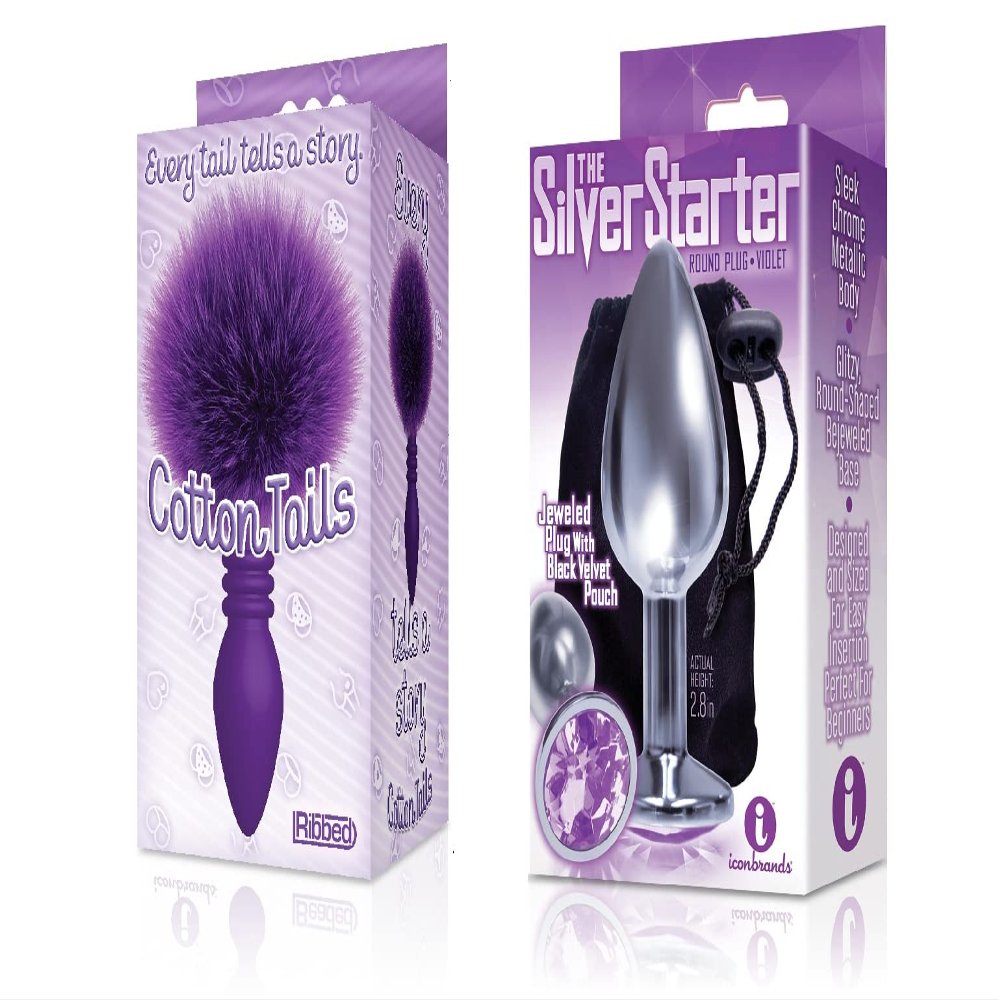 Sexy Gift Set Bundle of Cottontails, Silicone Bunny Tail Butt Plug, Ribbed Purple and Icon Brands The Silver Starter, Bejeweled Stainless Steel Plug, Violet