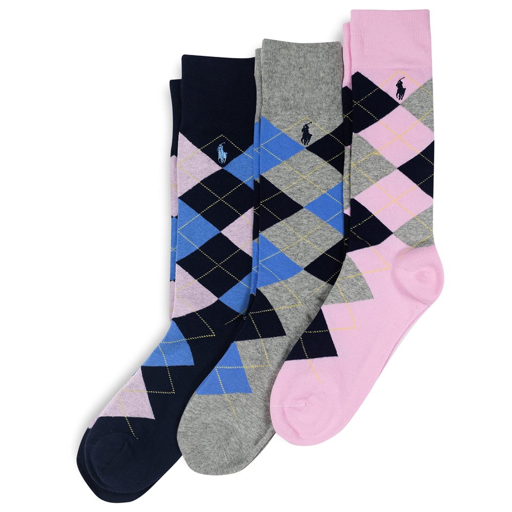 POLO RALPH LAUREN Mens Dress Socks - 3 Pair Pack Soft And Lightweight Cotton Comfort Big & Tall Classic Argyle Crew, Pink Assorted, 12-17 US