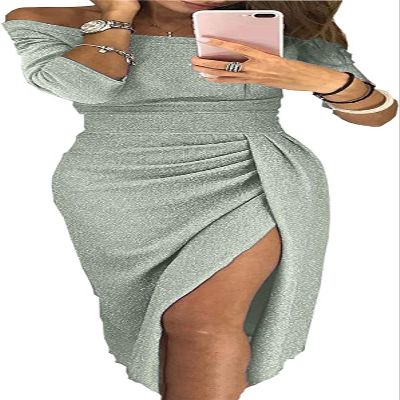 JEKE-DG Women's Cold Shoulder Glitter Party Slit Dress Sleeveless Ruched Bodycon Wedding Guest Slit Dress Evening Cocktail Dress (Green,X-Large)