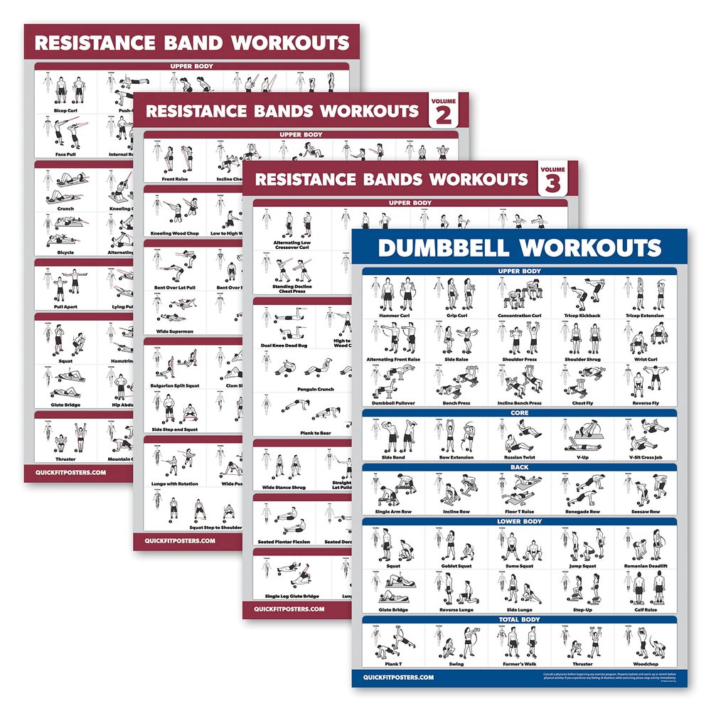 Palace Learning 4 Pack - Resistance Bands Workout Posters Volume 1, 2 & 3 + Dumbbell Exercise Chart (LAMINATED, 18" x 24")