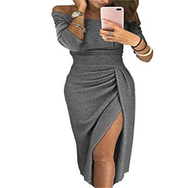 JEKE-DG Women's Cold Shoulder Glitter Party Slit Dress Sleeveless Ruched Bodycon Wedding Guest Slit Dress Evening Cocktail Dress (Gray,Large)