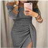 JEKE-DG Women's Cold Shoulder Glitter Party Slit Dress Sleeveless Ruched Bodycon Wedding Guest Slit Dress Evening Cocktail Dress (Gray,Large) view 2