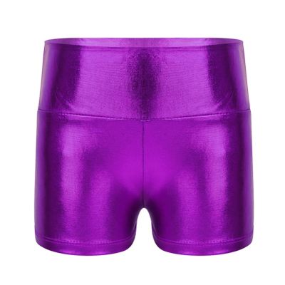 Alvivi Kids Girls Shiny Metallic Dance Shorts Ballet Dance Gymnastics High Waist Fitness Booty Shorts Purple 4 Years