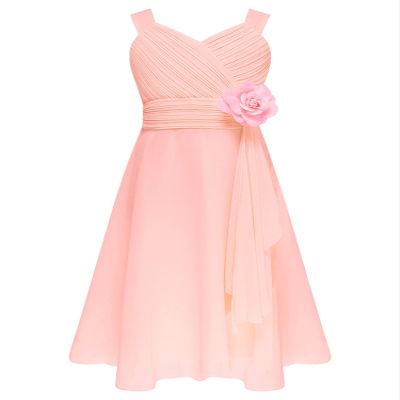 YONGHS Flower Girls Formal Dress Kids 3D Applique Asymmetric Chiffon Bridesmaid Wedding Party Evening Gown Pink 6 Years