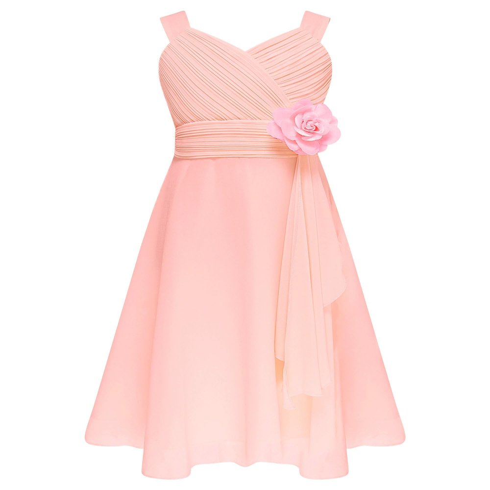 YONGHS Flower Girls Formal Dress Kids 3D Applique Asymmetric Chiffon Bridesmaid Wedding Party Evening Gown Pink 6 Years