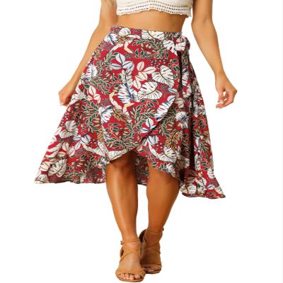 Allegra K Floral Skirt for Women's Hawaiian Tropical Beach Boho Wrap Midi Skirt Large Red