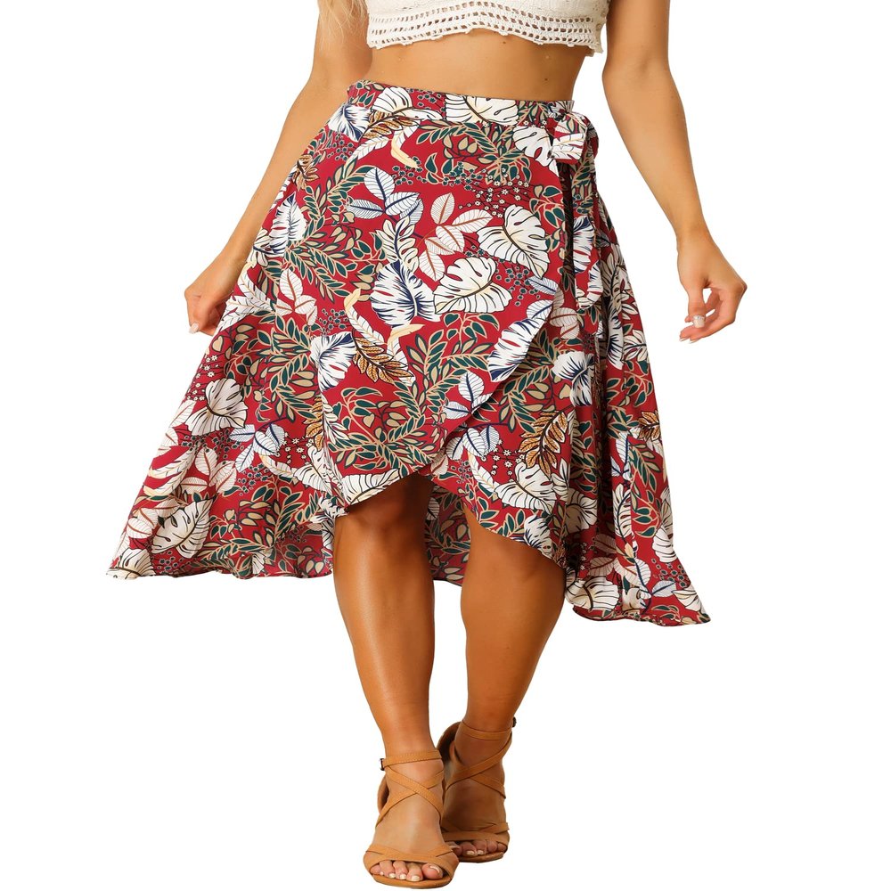 Allegra K Floral Skirt for Women's Hawaiian Tropical Beach Boho Wrap Midi Skirt Large Red