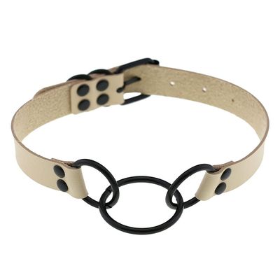 Darkpunk Goth PU leather collar choker personality simple metal ring collarbone hip hop necklace choker strap (Milky white)