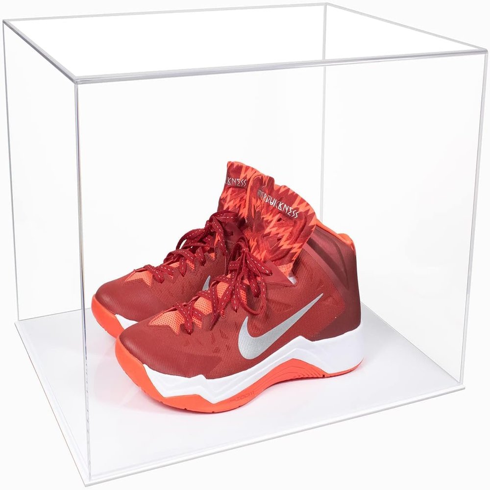 Better Display Cases Acrylic Extra Large Shoe Display Case for Basketball Shoe, Hightop, Soccer & Football Cleats with Clear Case and White Base 18" x 14" x 12" (A014-C-WDS)