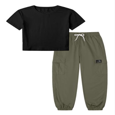 Betusline Crop Tops for Girls, Short Sleeve Black + Green Cargo Jogger Pants Outfits 2pcs Clothes Set, Cute Clothes for Teen Girls, 7-8 Years = Tag 140